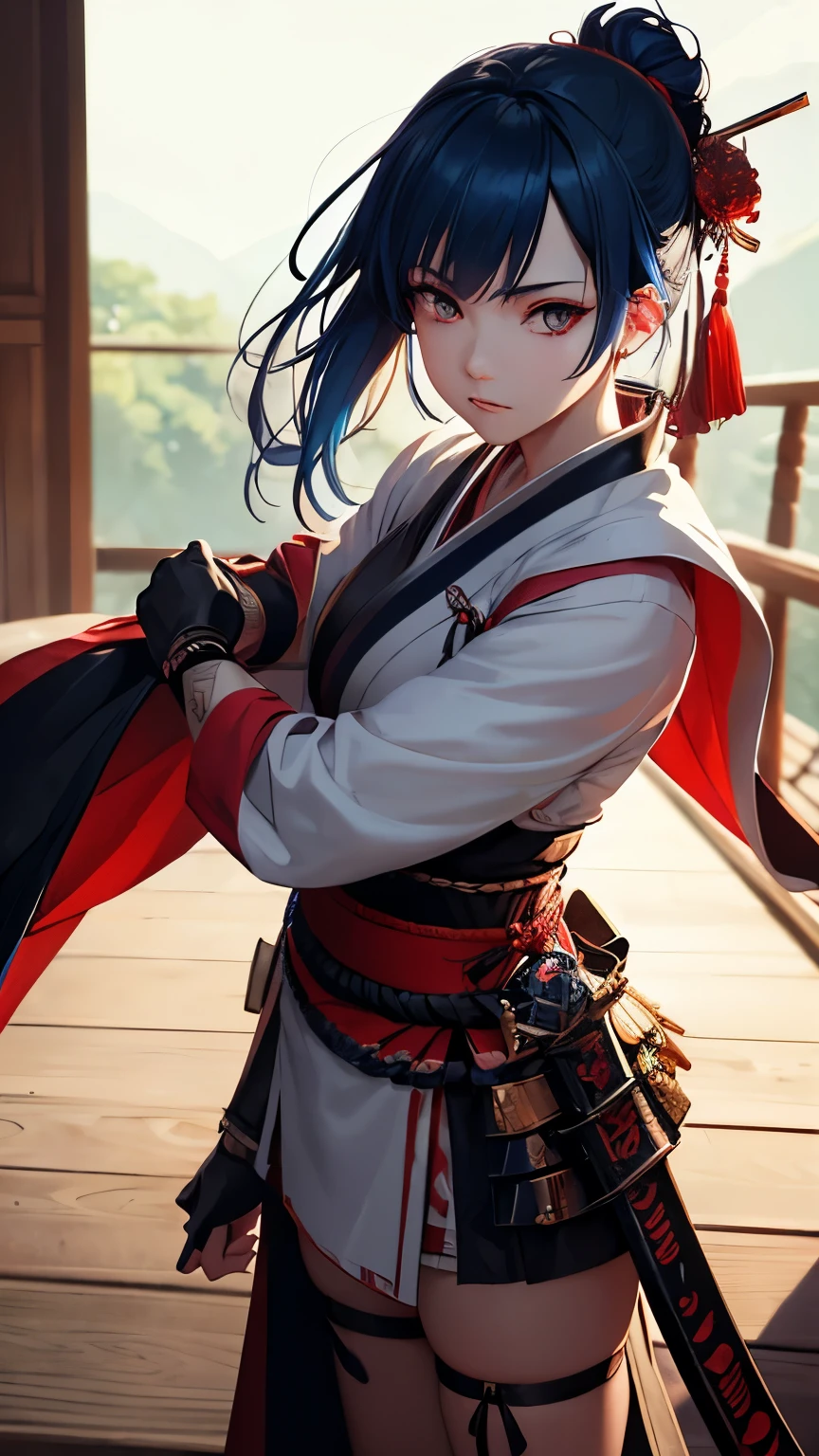 masterpiece, highest quality, Very detailed, CG illustration, High resolution, Better lighting, Best Shadow, Very delicate and beautiful, Proper shading, High resolution, 8k, Ray Tracing, Highly detailed and crisp backgrounds, Perfect lighting, Anime Style, game「Magic Swordsman」Inspired by: House of Ruby (Mountain god, Aggressive, Red and white colors), strength, Samurai Punk, alone, 1 female, Blue Hair, Red eyes,  Adult, Obi tassel,