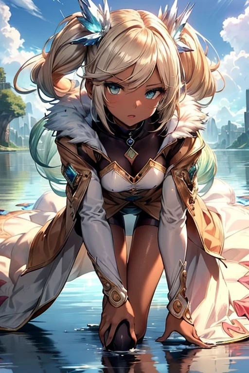 Iooiklas,Platinum Blonde Hair,Twin tails, hair ornaments, White Dress, Black knee socks, Removable sleeves,Complex eyes,Beautiful fine details,Symmetrical eyes,Big eyes:1.5,Seductive eyes, (((dark skin,dark_skin,lustrous skin:1.5,bright skin: 1.5, skin tanned, shiny skin,very shiny skin,Shiny body,plastic glitter skin,exaggerated shiny skin,illuminated skin))), (,Detailed body,(Detailed face)), cute,Lewd,erotic,Bold,Camel toe Revealing clothing,show skin,(((Sexy aqua fur coat, Aqua fur coat outfit, wearing a Ice Dress:1.3,aqua 冬 coat))), ((Ice Dress,elegant Ice Dress)), (White gloves,White clothes,(((Complex outfit,Complicated clothes,Embroidered costume,Glamorous costumes,Embroidered clothes, Glamorous clothing))),skinsuit, Bodysuits, pantyhose, High resolution,Sharp focus,(Super detailed,Very detailed),(Very detailed CG unity 8k wallpaper), (((Vibrant colors))),Laughter,Open your mouth,all fours, ,dynamic pose,whole body,from side, leaning forward,Beyond the Clouds, Surrounded by water, reflection,Breathtakingly beautiful clouds,