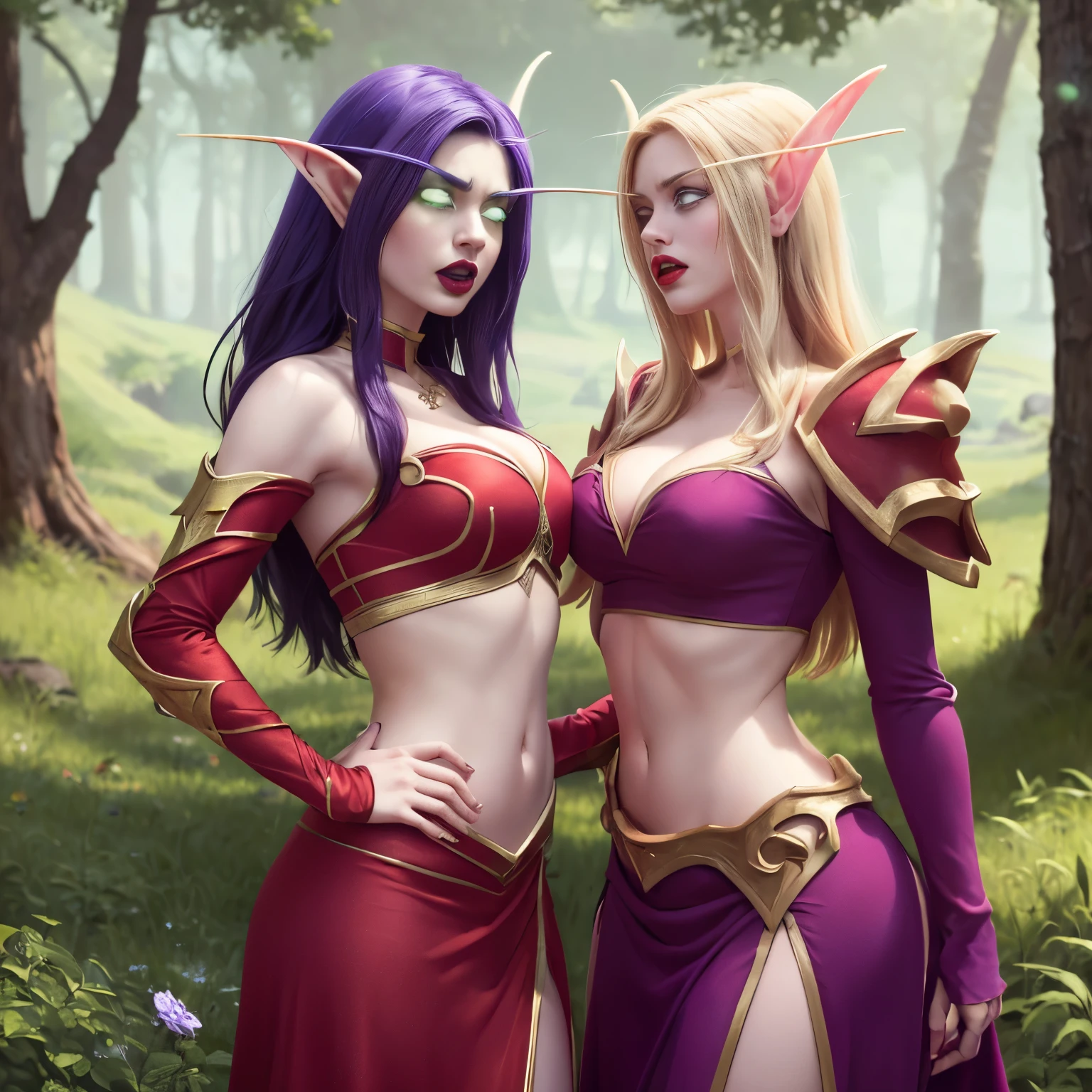 (Masterpiece, highly detailed, highly quality,  highly resolutions), forest background, duo, 2girl, girl vs girl, fighting, brawling, 2 girl fighting each other, fist fighting, 2 girl facing each other, fight scene, punching, bleed, close-up, 1v1, 2 girls attacking each other, on side, ({{nightelf, angry, clenched teeth, glowing eyes, blue eyes, Purple Hair, colored skin, mature female, purple Dress, purple shoulder pad, Navel, Cleavage, crop top purple lips, night, Sleeve, Long eyebrows, Princess}}), vs, ((bldelf, angry, clenched teeth, glowing eyes, green eyes, Blonde hair, colored sclera, mature female, Red Dress, red shoulder pad, Navel, cleavage, crop top, red lips, day, Sleeves, long Eyebrows, Princess))