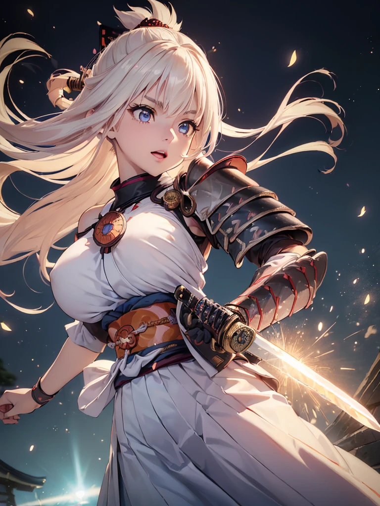 Very detailed CG Unity 8K wallpaper, Cute One lady, Mature Hair、lady ,beautiful lady, pale skin (Super masterpiece, Beautiful person, well detailed face polluted smile, Photorealistic, hyper realisitic), 
(Japan Samurai full Armor:1.5)、(samurai:1.5)、(Japan Pulling the sword out of its sheath:1.2)、(Holding the handle of a Japanese sword:1.6)
Japanese castle background、Portrait、Daytime、(The bright light from the front of her:1.7)、
(large breast :1.30)、(Glowing Skin:1.3)、
Detailed eyes、Big eyes、Open your mouth a little、Hide your arms、Very cute face、
Blonde、Long Hair、(Light blue glowing eyes:1.4)、Pink Lips、
((Off the shoulder、Shoulder Bare))