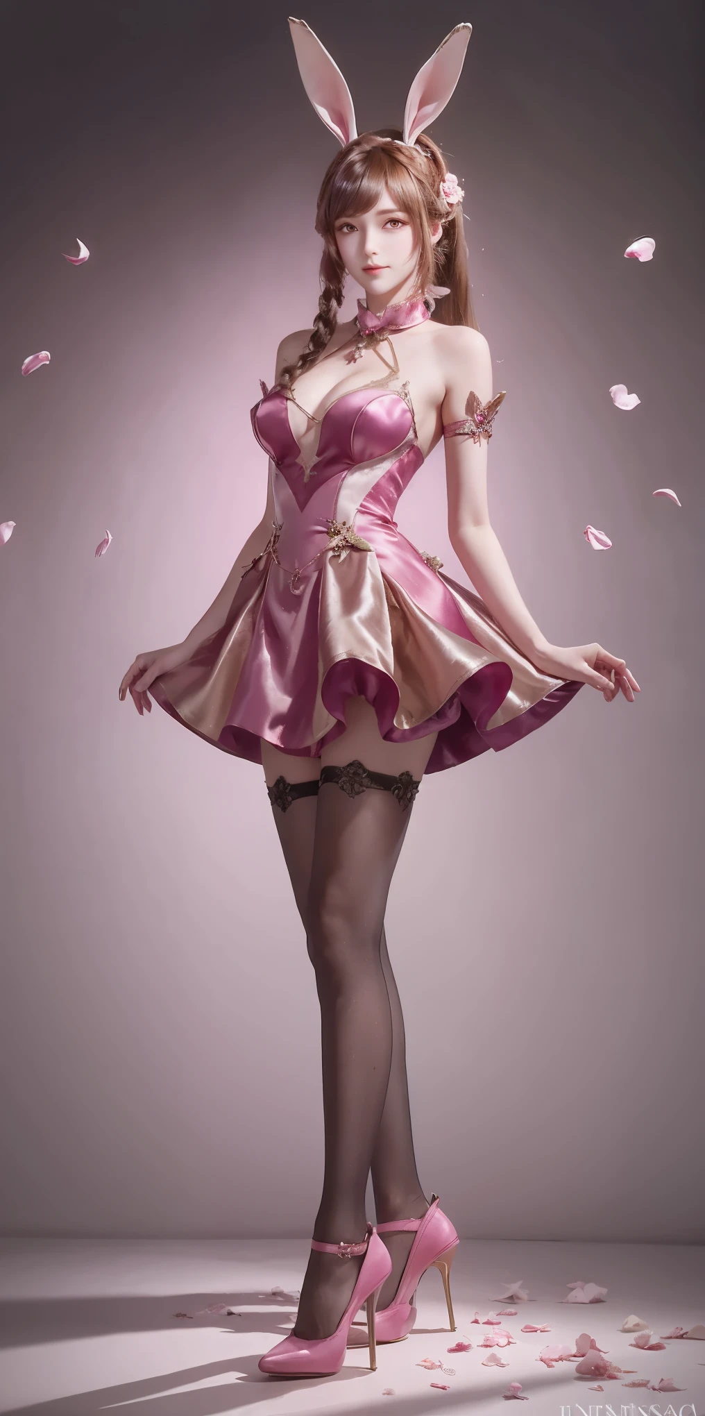 full body，1girl, solo, animal ears, rabbit ears, ponytail, petals, dress, falling petals, brown hair, pink dress, long hair, high heels, very long hair, metal collar, collar, breasts, bare shoulders, medium breasts, pantyhose, closed mouth, hair ornament, looking to the side