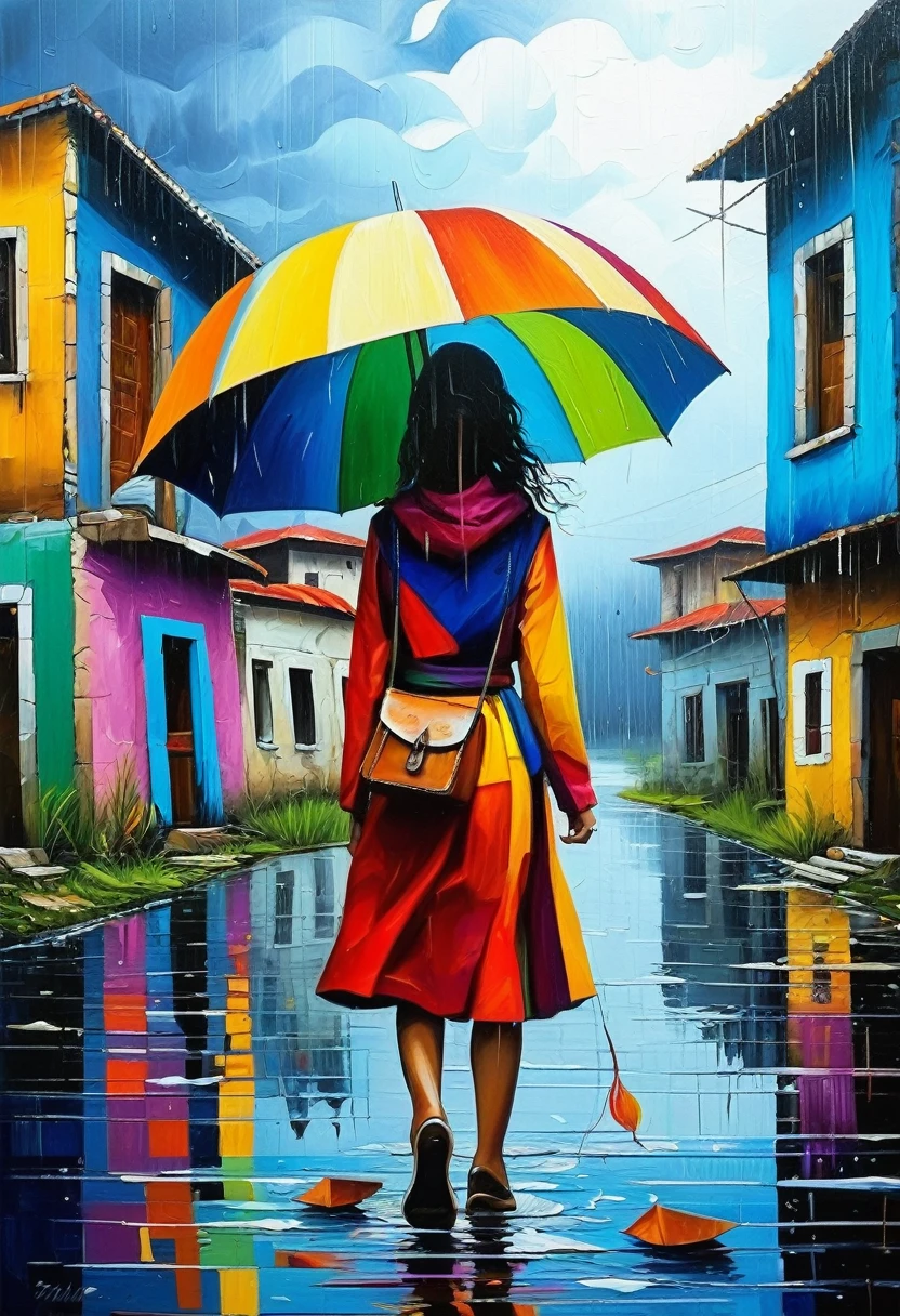 Elle a couru en rond sur l&#39;eau, je suis sorti de la pluie,
Elle m&#39;a souri de manière ludique.
Et la musique semblait si douce, toi et moi, nous étions seuls au monde, relié par la pluie... Dans le style du primitivisme. (David Martiachvili). palette riche, technique d&#39;écriture spéciale. Synthèse des formes primitives avec la construction des techniques de peinture.. esthétique. peinture à l&#39;huile colorée. Vieilles maisons délabrées qui ont conservé leur beauté et leur charme. (chef-d&#39;œuvre, Meilleure qualité, Ultra-détail 1.6), illustration imbued with the meaning of cypherpunk esthétique.