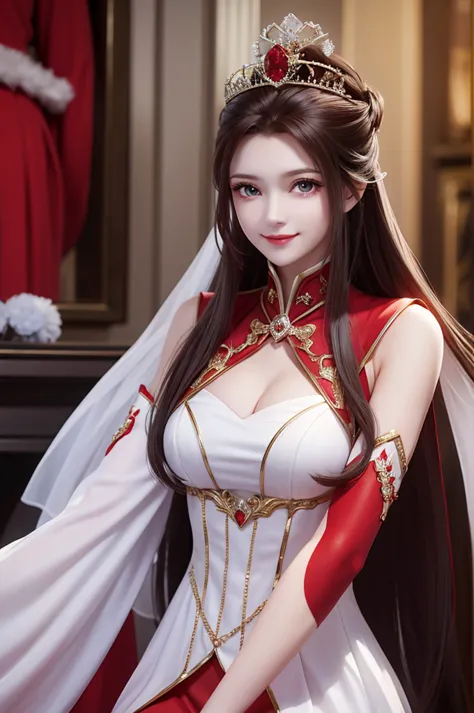 1woman, red suit, as queen, crown, smile, red eyes, white long hair,