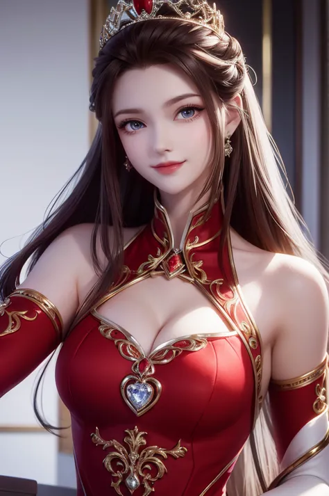 1woman, red suit, as queen, crown, smile, red eyes, white long hair,