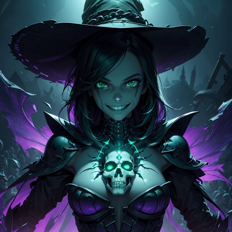 masterpiece, best quality, 8K wallpaper, HDR, octane rendering. A necromancer witch surrounded by skeletons, professional photography by Sergio Nogueira, dynamic angle, dark, fog, magic in the air, purple and blue colors, horror themed lighting, detailed landscape, medium layer hair, shiny black hair:1.3), ( skull face and detailed with perfect symmetry ), (beautiful detailed green eyes: 1.3), (smile, teeth: 1.2), (body with decaying anatomy, perfect texture, high details, glowing skin) cinematic lighting, colors vivid, detailed illustration, depth of field