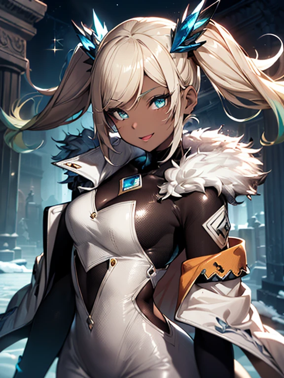 Iooiklas,Platinum Blonde Hair,Twin tails, hair ornaments, White Dress, Black knee socks, 
Removable sleeves,Complex eyes,Beautiful fine details,Symmetrical eyes,Big eyes:1.5,Seductive eyes, 
(((dark skin,dark_skin,lustrous skin:1.5,bright skin: 1.5,
skin tanned,shiny skin,very shiny skin,Shiny body,plastic glitter 
skin,exaggerated shiny skin,illuminated skin))),
(,Detailed body,(Detailed face)), cute,Lewd,erotic,Bold,Camel toe revealing outfit,show skin,(((Sexy aqua fur coat, Aqua fur coat outfit,
 wearing a Ice Dress:1.3,aqua 冬 coat))), ((Ice Dress,elegant Ice Dress)),
(White gloves,White clothes,(((Complex outfit,Complicated clothes,Embroidered costume,Glamorous costumes,Embroidered clothes,Open your mouth,smile,
Glamorous clothing))),skinsuit, Bodysuits, pantyhose,
High resolution,Sharp focus,(Super detailed,Very detailed),(Very detailed CG unity 8k wallpaper),
(((Vibrant colors))),dancing,dynamic pose,Marble Temple,Stone pillars,whole body,Magic circle behind,