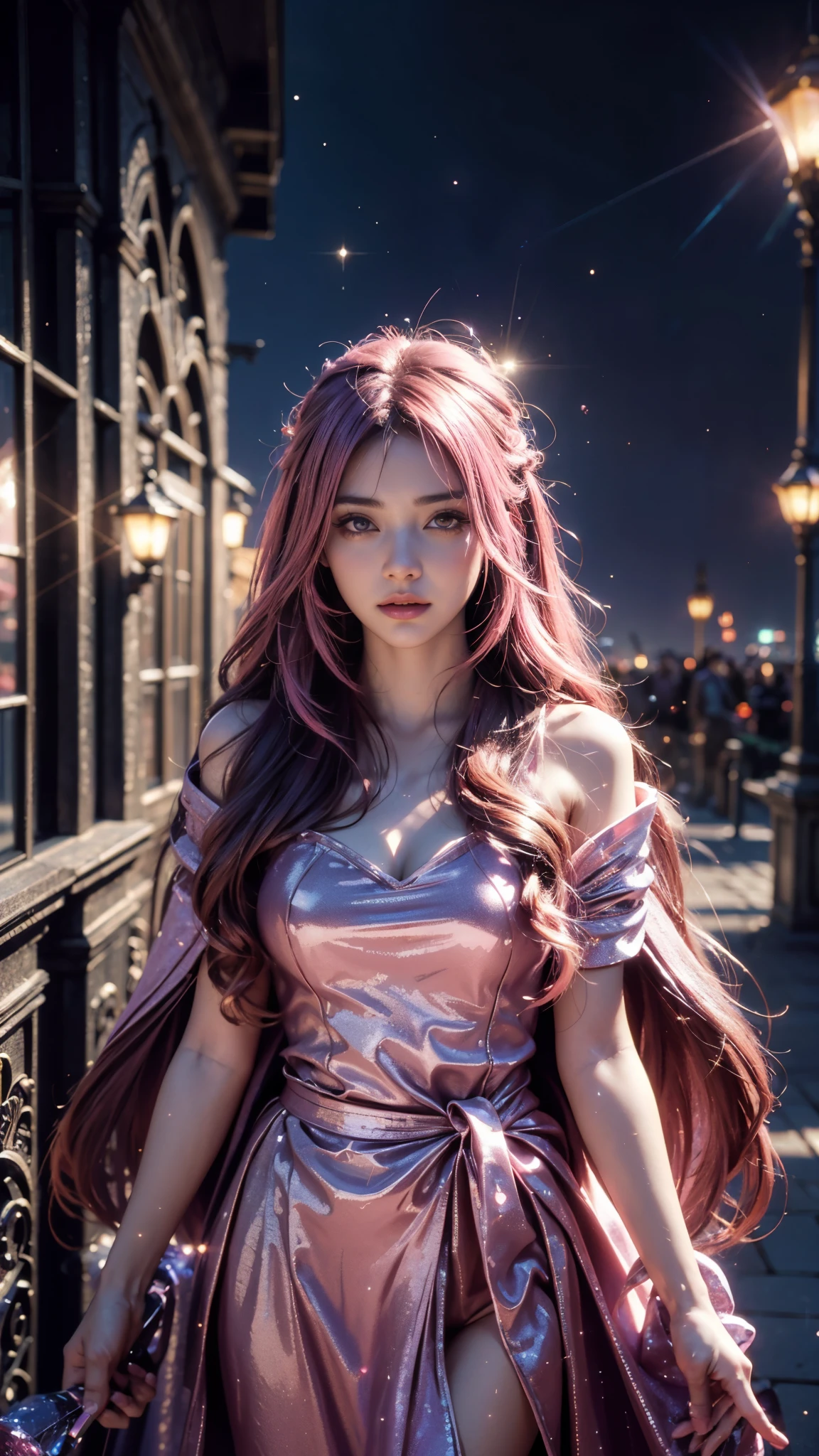 4k, UHD, masterpiece, 1 girl, good face, ((detailed eyes)), very long hair, impressive hairstyle, perfect brasts, fantasy cosplay, ((pink cosplay)), strap cosplay, cape, night city, building, lamps, depth of field, reflection light, ((sparkle)), chromatic aberration,