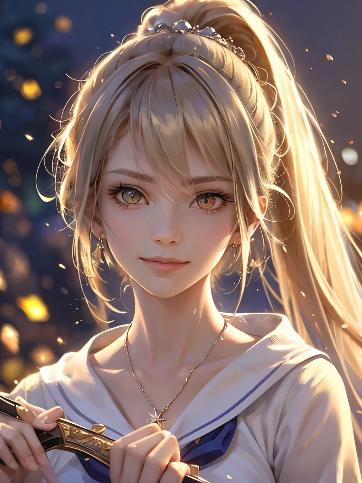 In the background is a garden filled with red roses, Silver Hair, Front Ponytail, Eye Reflexes, Red contact lenses, Pink Eyes,Heterochromia， Put on earrings, blue crystal pendant，Wicked Smile, hair band，Attention to detail, Romanticism, Depth of written boundary, Shine, Ray Tracing, Viewfinder, Zoom Layer, close, Bokeh, Anatomically correct, Attention to details, 1080p, Ultra Hi-Vision
woman，High Ponytail，Sailor suit,Half a water，get wet，More on water patterns on clothes，The expression is solemn，Holding a knife，Detailed depiction of shiny blades，reflected light，
ゴージャスで繊細にShine小さな蝶の髪飾り，Vibrant colors，Detailed engraving，Shine brightly，Attention to detail，The jewelry is of high quality，Very high quality