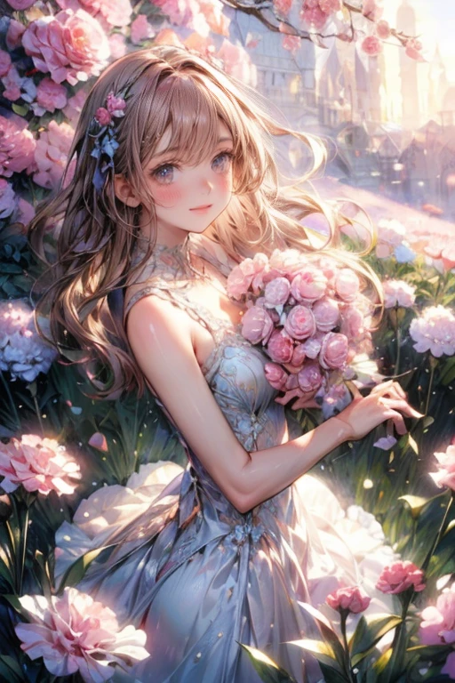 masterpiece:1.2,highest quality,16k,highres,ultra-realistic,photorealistic:1.37,beautiful detailed:1.2, carnation cute fairy girl,standing in a meadow full of carnations,holding a bouquet of carnations,meadow(colorful carnations,full of carnations,bluesky),beautiful delicate gorgeous dress with a carnation motif,Beautiful and elegant pose,gently smile,beautiful delicate(hair,face,long eyelash,eyes,pupils,lips,knee,dress),sparkling eyes,shining rosy lips,blushed cheek,through bangs,