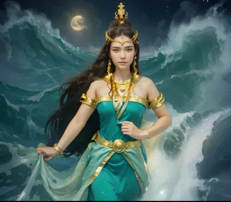 beautiful woman open eyes with crown in the middle of the sea, realistic, long hair, huge wave storm, night, moon, water bending...