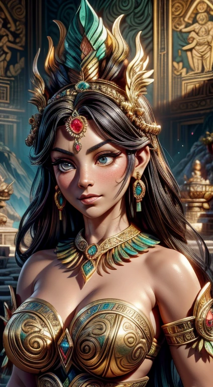 uma mulher fantasiada com um grande capacete e um grande capacete (melhor qualidade,4K,8K,alta resolução,obra de arte:1.2),detalhado e vibrante,Cultura asteca,civilização antiga,retratos,escuro e misterioso,pinturas ricamente coloridas,HDR,Detalhes ultrafinos,guerreiros ferozes,arquitetura sofisticada,cocares elaborados,animais exóticos,cerimônias ritualísticas,esculturas de bronze,Paisagens de tirar o fôlego,têxteis tradicionais,ruínas antigas,Deuses míticos,divindade serpente emplumada,jóias hipnotizantes,pirâmides,hieróglifos esculpidos,sacred temples,iluminação dramática,pedra artisticamente esculpida,símbolos poderosos,imperadores reais,Rituais sagrados,murais coloridos,extravagant costumes,herança cultural,ambiente místico,herança orgulhosa,contos lendários,Sacrifício,abundância de ouro e pedras preciosas,crenças espirituais,celebrações vibrantes,civilização mesoamericana,formas de arte atraentes,esculturas de pedra detalhadas,inspiração divina,Vegetação tropical exuberante,danças cerimoniais,luxuosos palácios reais,artefatos enigmáticos,legado histórico - pinceladas ousadas e confiantes,majestoso e grandioso,arquitetura inspiradora.