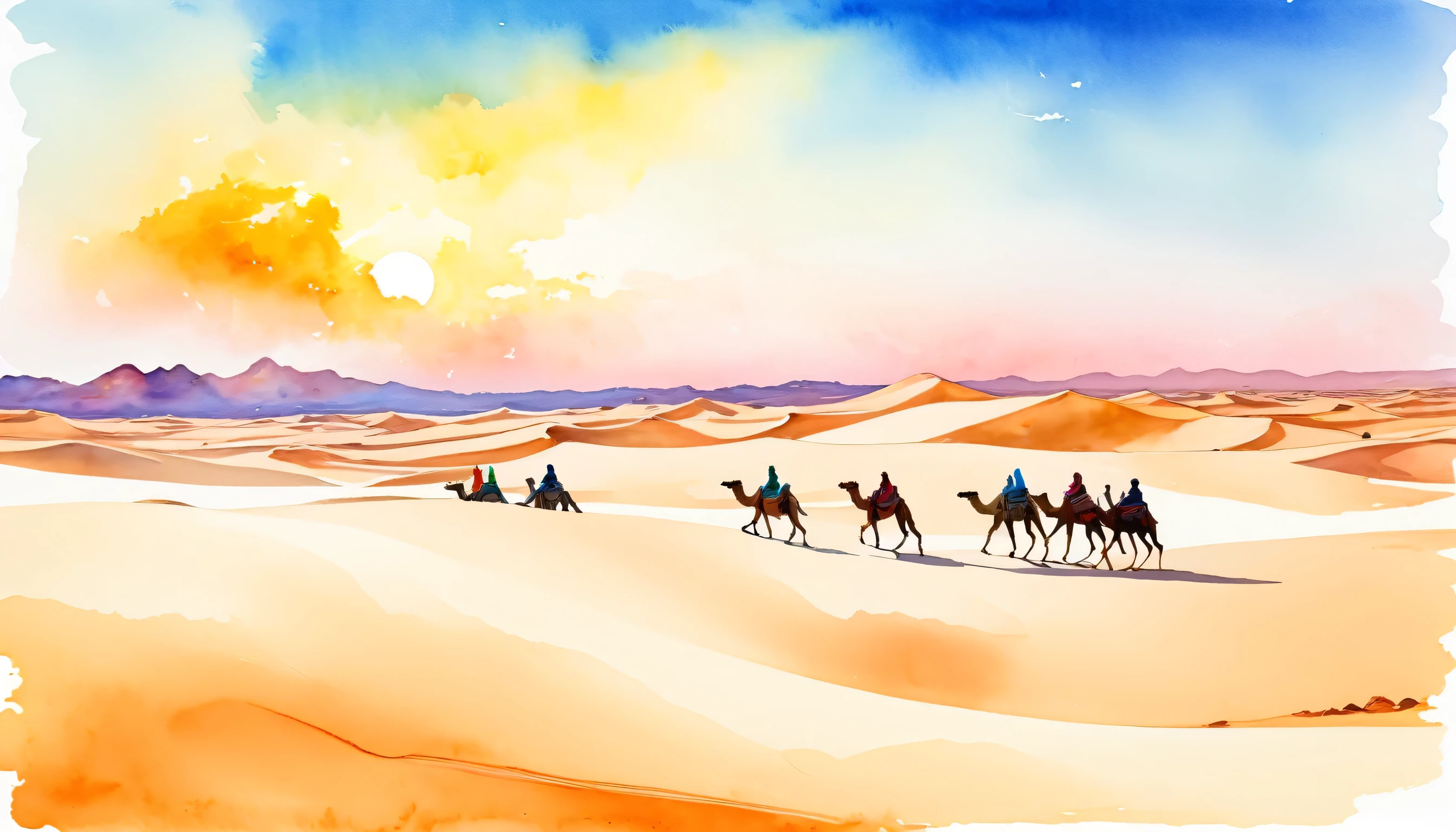 a group of people riding camels in the desert with the Sahara in the background, the landscape features sand dunes and an arid environment, desert, riding, sand, outdoors, sky, sunset, modern art, painting, drawing, watercolor, psychedelic colors