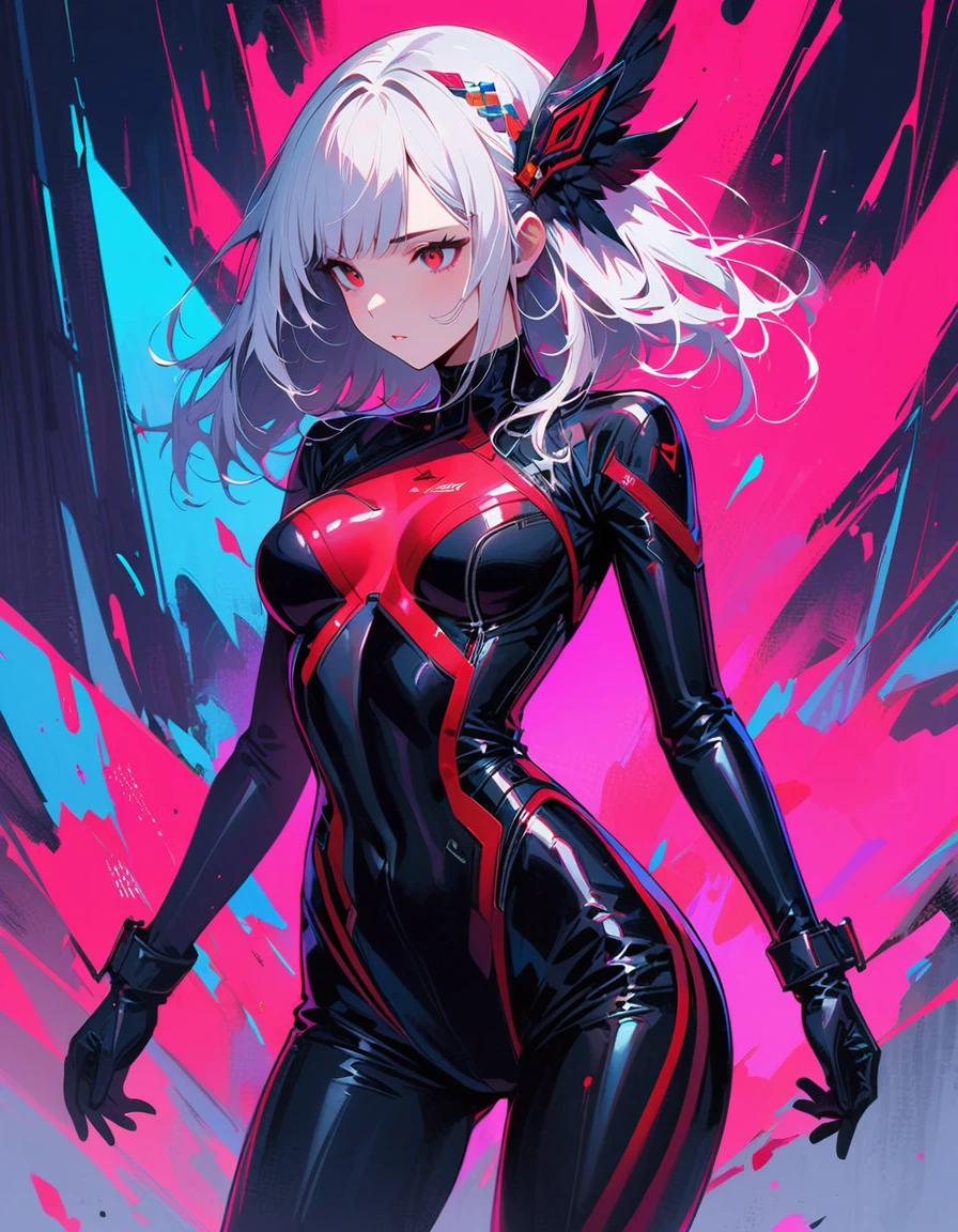 masterpiece, best quality, 8K, Digital painting, 1 girl, solo, stand up, youth, White hair, long white hair, hair accessories, red eyes, round pupils, Emotionless expression, failure effect, science fiction, Dark inside the background， neon lights, cyberpunk characters, Surreal, jumpsuit, blackened, Long black gloves, One-piece Pants, tight latex bodysuit, Highlight her graceful figure,wrap the whole body, ((Raised sexy)), jumpsuit, Long black gloves, One-piece Pants, Black latex clothing, Blood-red eyes, best quality, High resolution, Super detailed, Vivid textures, mask, tight latex bodysuit, Bangs,
