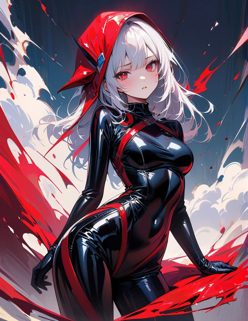 masterpiece, best quality, 8K, Digital painting, 1 girl, solo, stand up, youth, White hair, long white hair, hair accessories, red eyes, round pupils, Emotionless expression, Dark inside the background, Surreal, jumpsuit, blackened, Long black gloves, One-piece Pants, tight latex bodysuit, Highlight her graceful figure,wrap the whole body, ((Raised sexy)), jumpsuit, Long black gloves, One-piece Pants, Black latex clothing, Blood-red eyes, best quality, High resolution, Super detailed, Vivid textures, mask, tight latex bodysuit, Bangs,
