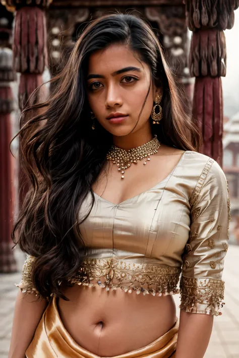 high Detail RAW color Photo, Full Shot, front angle, of ( curly long hair, wearing Indian Necklace and jewelries and Indian clot...