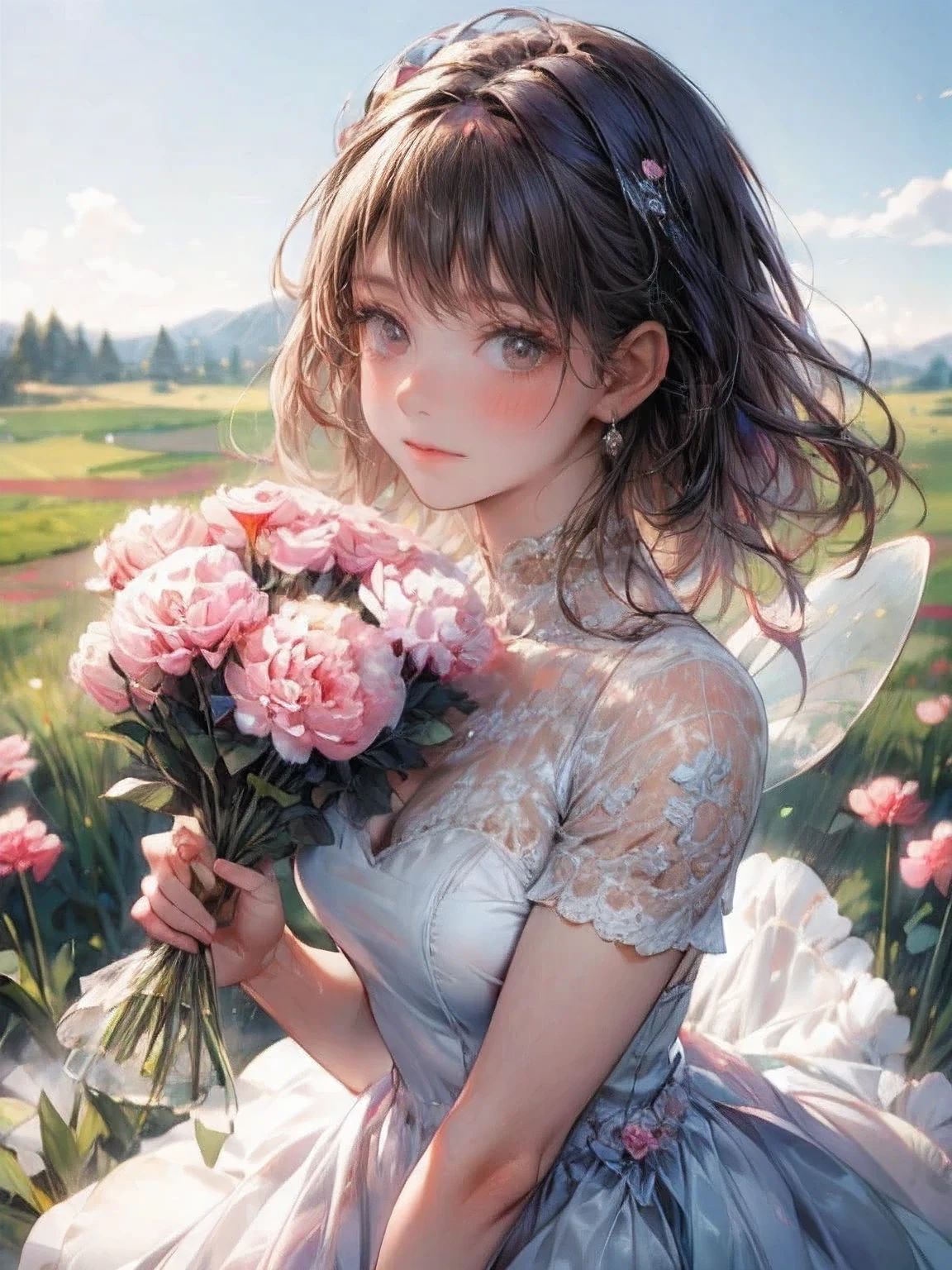 masterpiece:1.2,highest quality,16k,highres,ultra-realistic,photorealistic:1.37,beautiful detailed:1.2, carnation cute fairy girl,standing in a meadow full of carnations,holding a bouquet of carnations,meadow(colorful carnations,full of carnations,bluesky),beautiful delicate gorgeous dress with a carnation motif,Beautiful and elegant pose,gently smile,beautiful delicate(hair,face,long eyelash,eyes,pupils,lips,knee,dress),sparkling eyes,shining rosy lips,blushed cheek,through bangs,