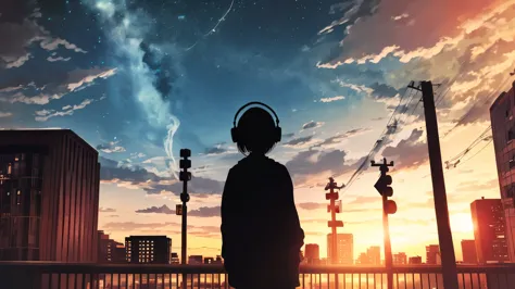 anime,silhouette,1girl, star (sky), cloud, headphone、 the train 、cityscape, building, city, outdoors, skyscraper, city lights, n...