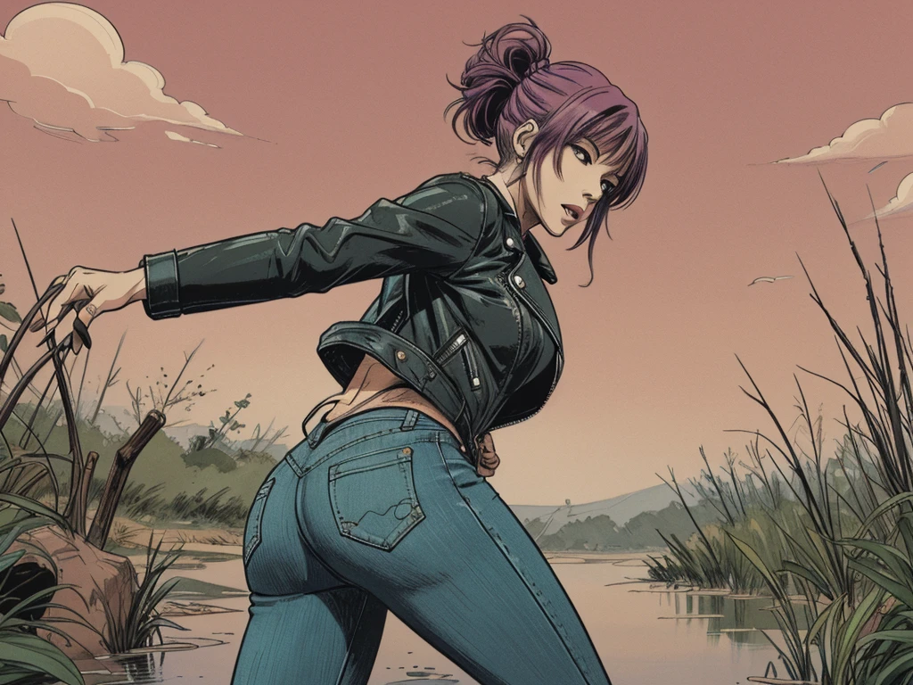 vector image, 2d cartoon,masterpiece, An anime woman,colored hair,,blushed, tight jeans, heels, leather biker jacket:1.0, orgasm gloomy, touches herself,near swamp,heels, from side