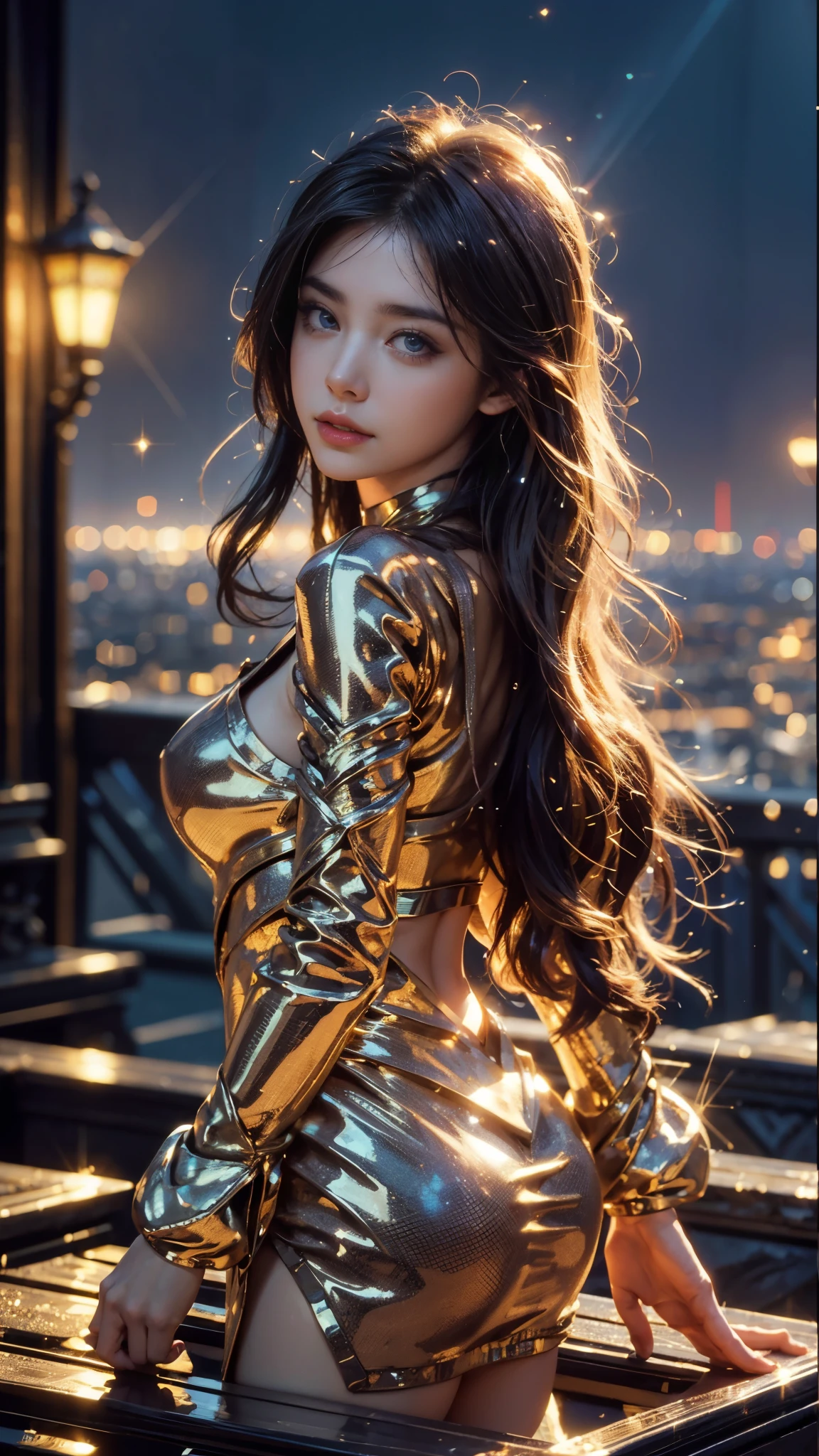 4k, UHD, masterpiece, 1 girl, good face, ((detailed eyes)), very long hair, impressive hairstyle, perfect brasts, fantasy clothing, golden clothing, (strips:1.3), night city, building, lamps, depth of field, reflection light, ((sparkle)), chromatic aberration,