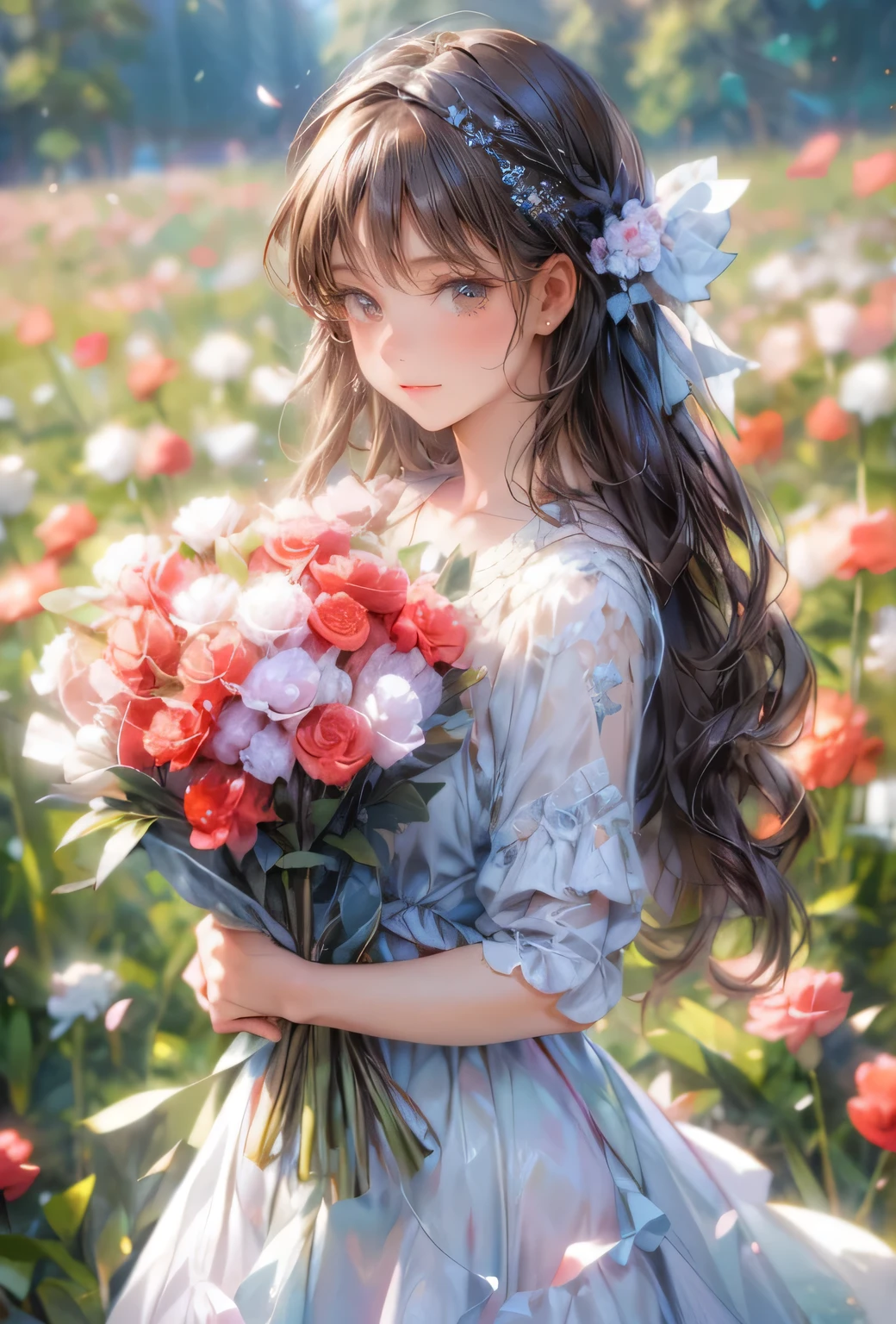 masterpiece:1.2,highest quality,16k,highres,ultra-realistic,photorealistic:1.37,beautiful detailed:1.2, carnation cute fairy girl,standing in a meadow full of carnations,holding a bouquet of carnations,meadow(colorful carnations,full of carnations,bluesky),beautiful delicate gorgeous dress with a carnation motif,Beautiful and elegant pose,gently smile,beautiful delicate(hair,face,long eyelash,eyes,pupils,lips,knee,dress),sparkling eyes,shining rosy lips,blushed cheek,through bangs,