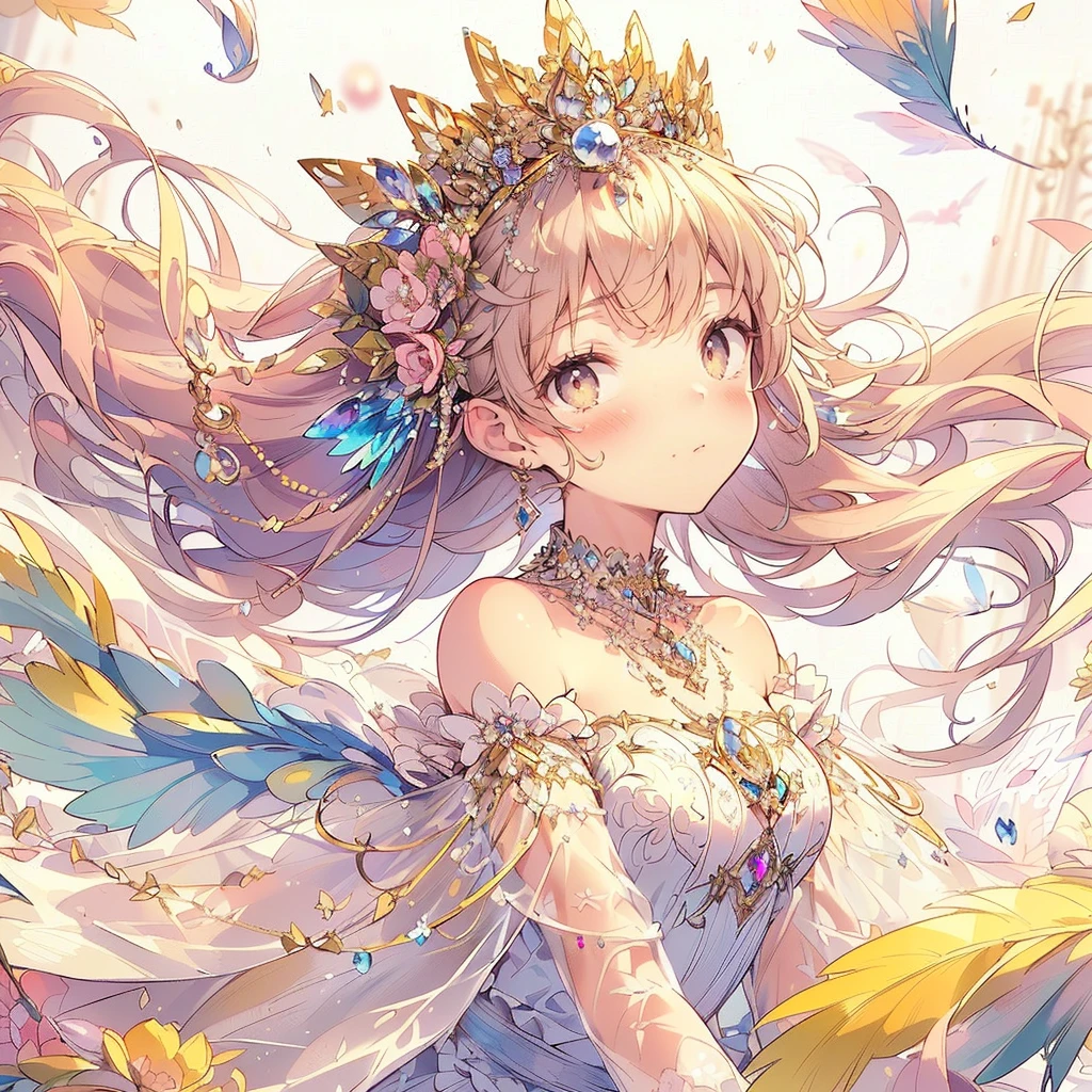 (Exquisite, beautiful, Very detailed, masterpiece, High resolution,high quality,High resolution),(Well-formed face,Soft and thin lines: 1.2, beautiful, Delicate and vivid illustrations with a mature and clear feel), (A fairy princess with imperial topaz motif and fairy wings growing from her back is walking down a white road.:1.2),topaz imperial topaz crystal, (Imperial topaz tiara, diamond earrings, necklace, bracelet and ring,), ((A gorgeous ball gown dress with lots of ruffles and an imperial topaz motif.:1.1, Balloon sleeves, Jewels, ribbons, lace and frills, Beautiful jeweled fairy wings hanging from her back:1.5)), (Pale pink blush Plump pink lips,Fair skin, Good style),topaz,Interesting angle