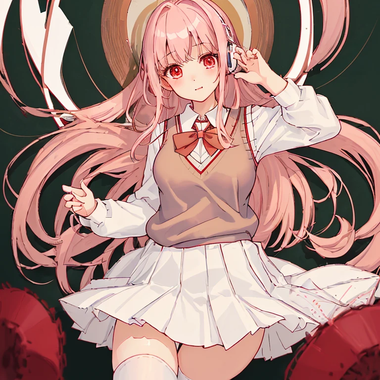 (8k、highest quality、masterpiece:1.2)、Illustration touch、Ultra-detailed、Super A High Resolution、Light pink hair、long hair、Headphones、One woman in uniform、clear、High 、White long sleeve blouseと紺色のSweater vest、White long sleeve blouse、The blouse is buttoned、Red ribbon tie、紺色のSweater vest、Sweater vest、Red Check Skirt、Red Check Skirt、mini skirt、White knee socks、White Pantyhose、delicate、On all fours、On my knees、On all foursで腰を上げている、Inner thighs、White panties、(School uniform:1.4)、Blushing