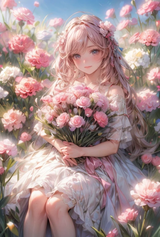 masterpiece:1.2,highest quality,16k,highres,ultra-realistic,photorealistic:1.37,beautiful detailed:1.2, carnation cute fairy girl,standing in a meadow full of carnations,holding a bouquet of carnations,meadow(colorful carnations,full of carnations,bluesky),beautiful delicate gorgeous dress with a carnation motif,Beautiful and elegant pose,gently smile,beautiful delicate(hair,face,long eyelash,eyes,pupils,lips,knee,dress),sparkling eyes,shining rosy lips,blushed cheek,through bangs,