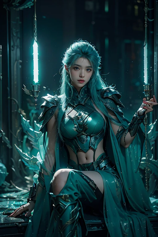 tmasterpiece,Best quality,A high resolution,8K,(Portrait photograph:1.5),(Original photo),real photograph,digital photography,(Combination of cyberpunk and fantasy style),(Female soldier),20-year-old girl,random hair style,blue hairs,By bangs,(Red eyeigchest), accessories,Redlip,Keep one's mouth shut, (scowling), elegant and charming,Serious and arrogant, Calm and handsome, Cyberpunk combined with fantasy style clothing, Openwork design, joint armor, Combat uniforms, Green clothes,green), exposing your navel, Photo pose, Realisticstyle, gray world background, oc render reflection texture, full body, (show legs), (sitting), detailed abs