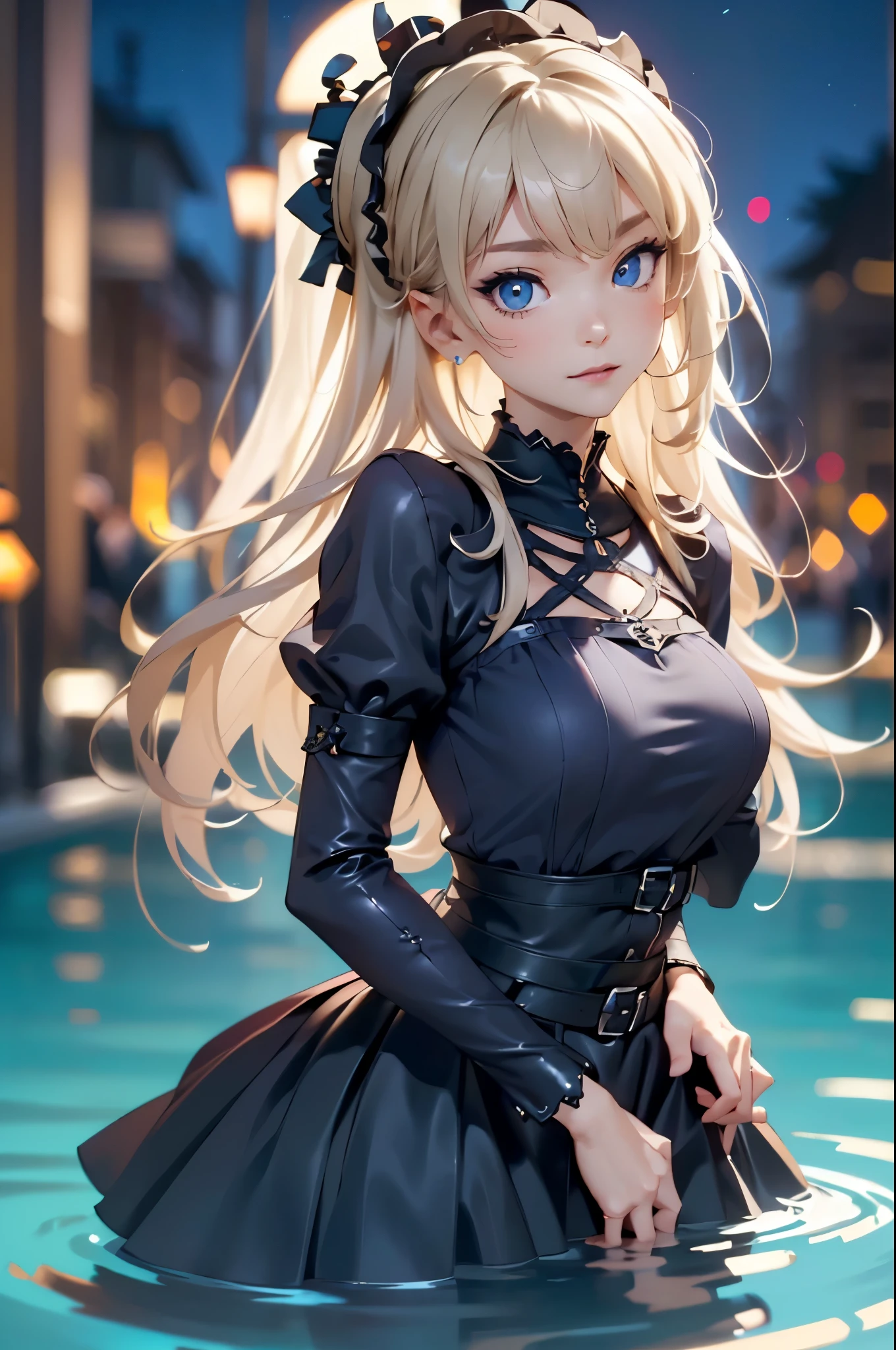 ((Biologically correct limb count))、(( Illustrations including faces))、4K、Masterpiece、((Focus on the face))、((Symmetrical, well-proportioned facial features))、Eyes with delicate depictions、Beautiful woman、Outstanding style、Slender Body、((Gothic Lolita、Gothic Lolita)、dress、High heels)、In the water at night、((Upper body close-up))