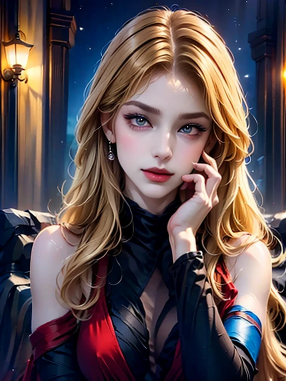 Alpha like male wearing a black suit, blonde hair and blue eyes touching the face of a woman wearing a red dress with red hair and amber eyes.  