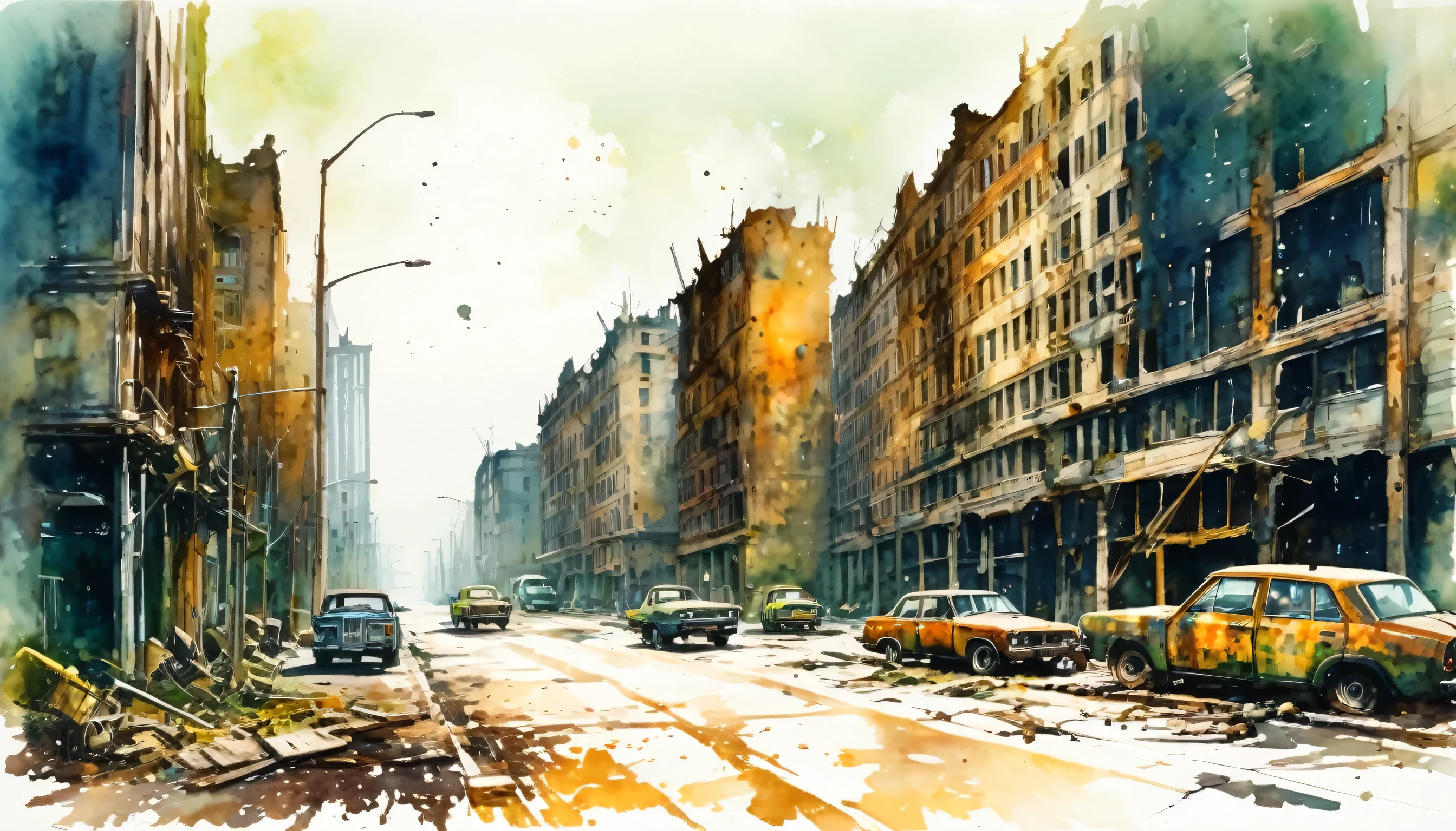 Post Apocalyptic scene, a city in ruins, a city with tall destroyed buildings, destroyed rusty cars parked outdoors, cityscape, post-apocalypse, road, ragged people walking the street, dark atmosphere, creepy, modern art, painting, drawing, watercolor, psychedelic colors