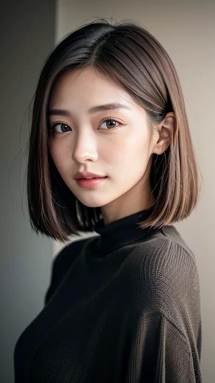 (((close-up of face)))、(((absolutely shoulder-length brown straight short bob)))、(((she is posing like a hair salon model, with ...