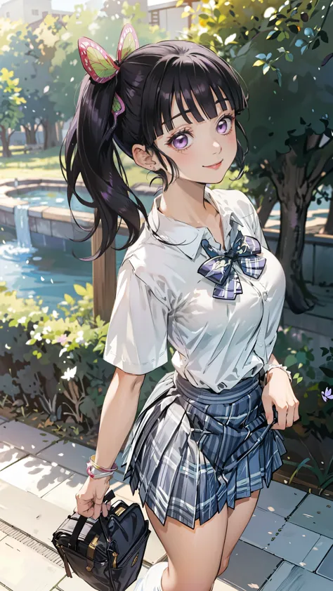 kimetsu no yaiba style, (kanao tsuyuri, ,KanaoDef), (black hair, butterfly hair ornament, side ponytail, ponytail), (purple eyes...