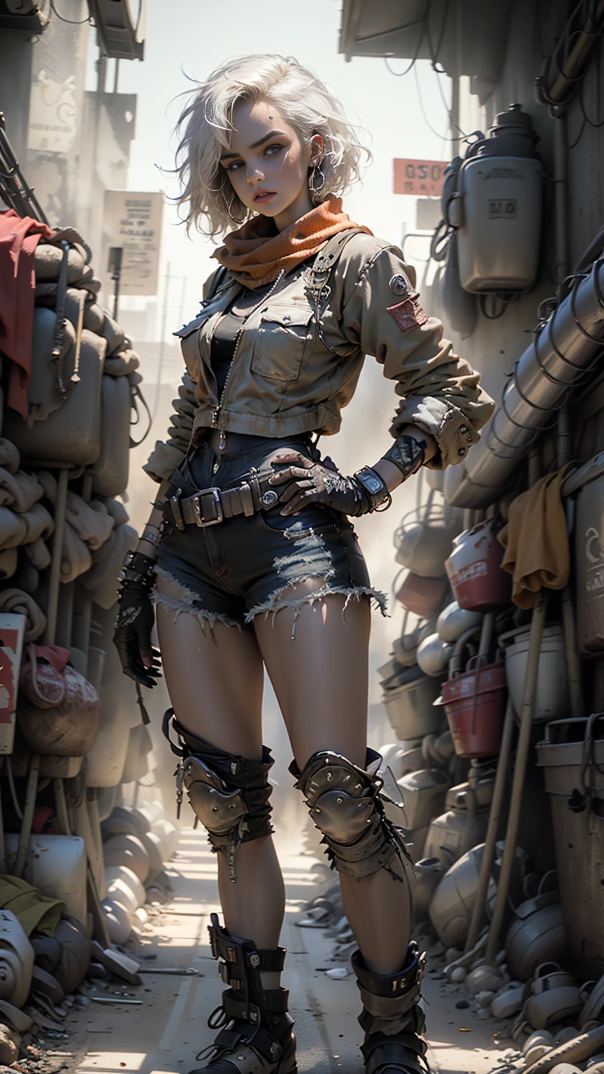 ((Best Quality)), ((Masterpiece)), (hyper detailed:1.3),8k, 3D,HD, beautiful (cyberpunk:1.3) Woman with wavy and voluminous hair in modern style.,((with weapons in hands)), (( (futuristic mad max movie style backdrop)))
