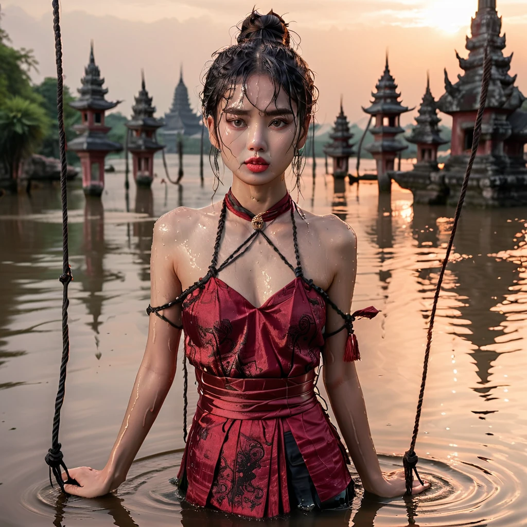 panic-sticken beautiful woman in Thai ancient dark red breast cloth, pretty face with tear and sweat, frightful facial expression, perfect body, wet black messy bun hair, hands tightly tied with big rope, walking into the water, she is sentenced to death by drowning, forsaken Thai temple with pagoda, sunset sky, dim ancient torch light, depressive tone,