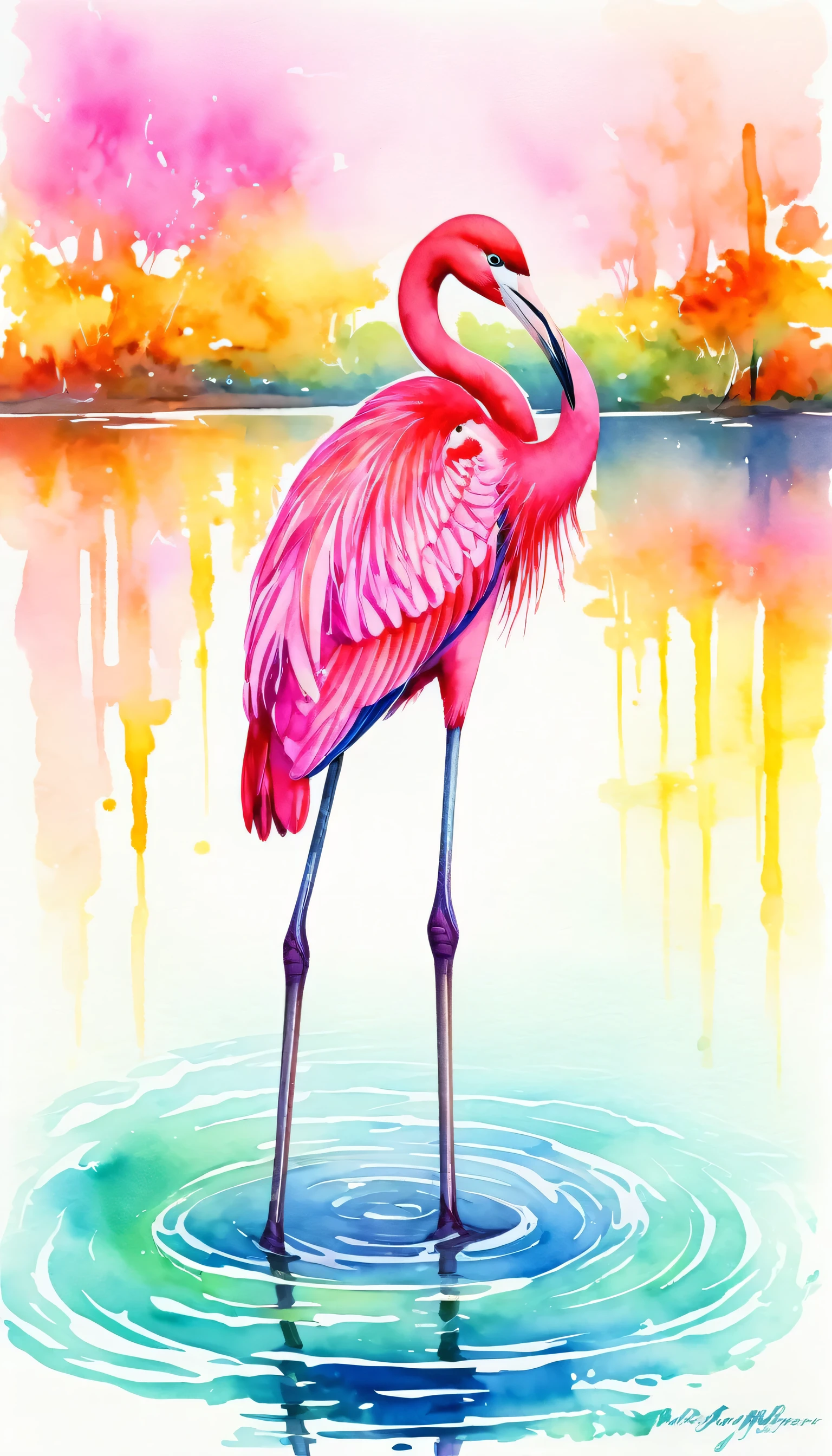 flamingo bird standing in water in a lake, bright pink, bird, no_humans, water, animal_focus, animal, outdoors, painting, drawing, watercolor, psychedelic colors