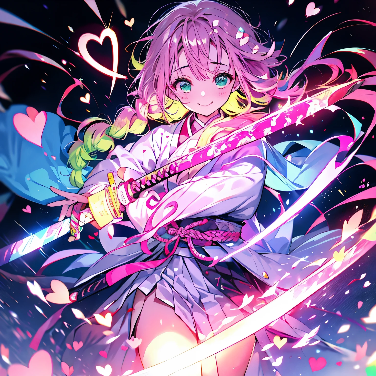 Obra maestra、Kanroji Mitsuri、cabello rosa y verde、sonrisa、noche、corazones bailan、Espada japonesa rosa