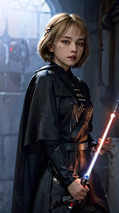 A cute 16 years old girl, short bobcut blonde braided hair, bang, evil grin, sinister, pale skin, sith lord from star wars, wear...