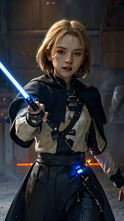 close up, A cute 16 years old girl, short bobcut blonde braided hair, bang, evil grin, sinister, pale skin, sith lord from star ...