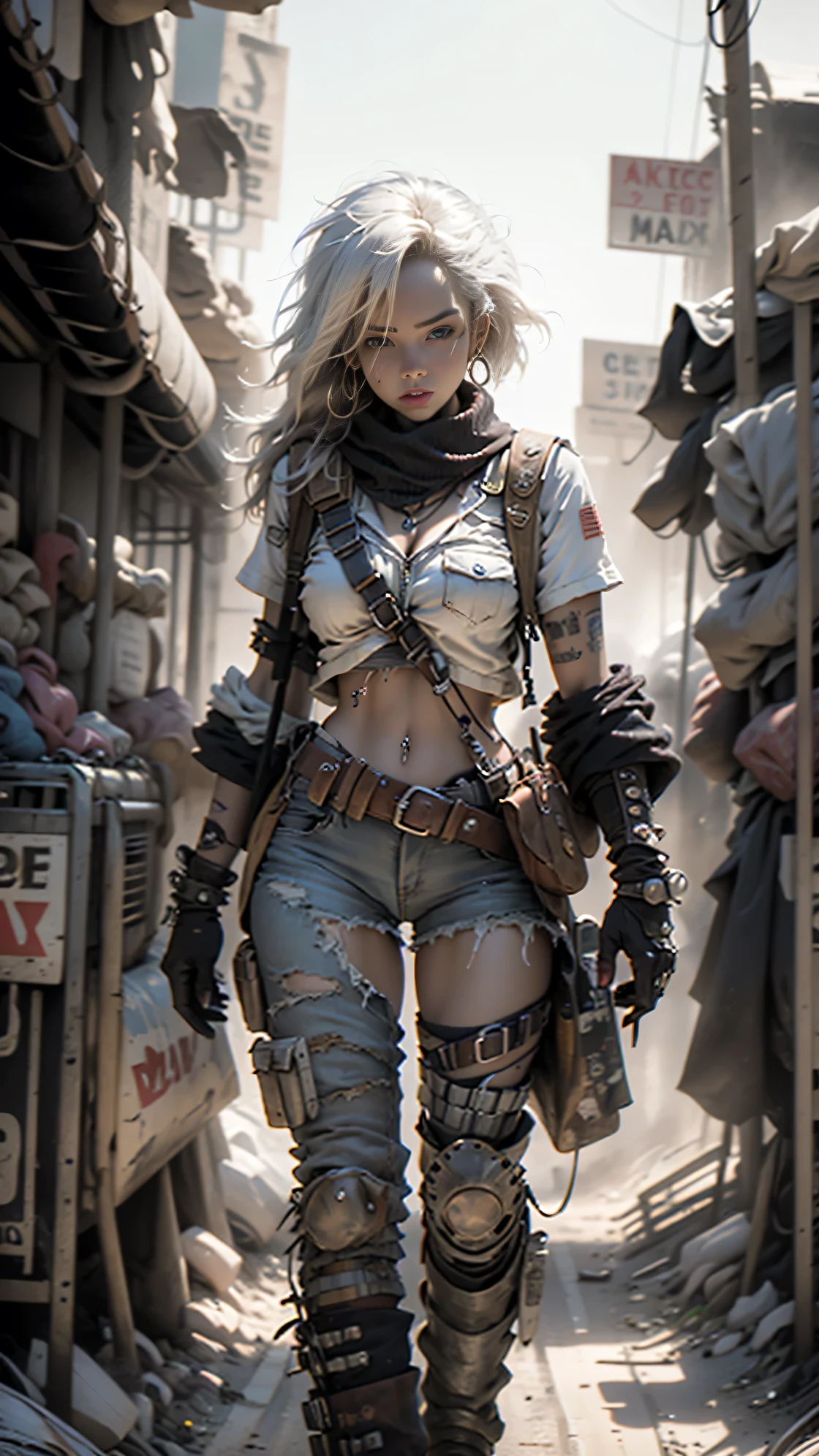 plano general, whole body, sharpness,((Best Quality)), ((Masterpiece)), (hyper detailed:1.3),8k, 3D,HD, beautiful (cyberpunk:1.3) Woman with wavy and voluminous hair in modern style.,((with weapons in hands)), (( (futuristic mad max movie style backdrop)))