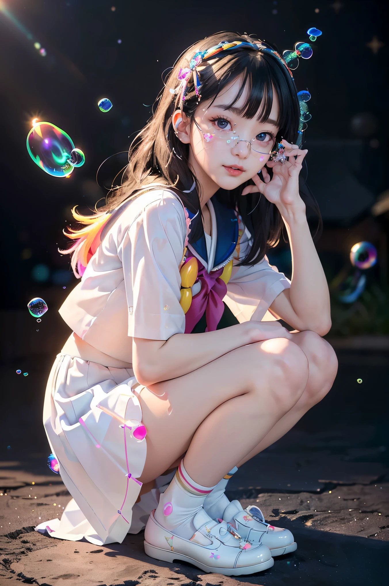 (Masterpiece), (best quality), (official art, Very detailed CG unity 8k wallpaper.), (Highly detailed), ((nonsense)), 1 girl, Medium shot, (exquisite face),(Serafuku:1.3) ((NRF)),((clear hand)), ((White thighs, no shoes)),tear, colored contact lenses, Stars in the eyes, (((colorful bubbles))), Multi-colored glass, (album cover)