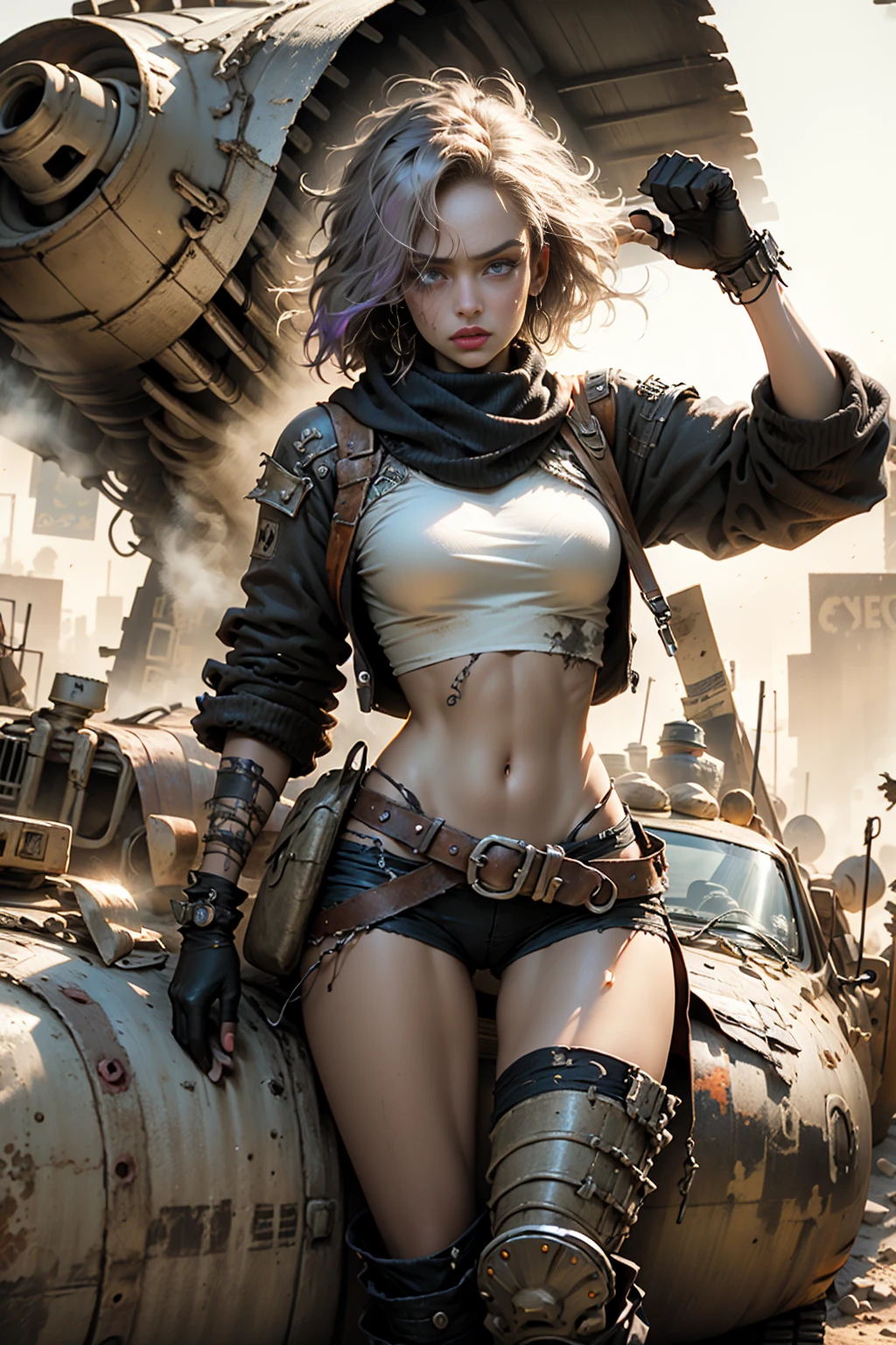 plano general, whole body, sharpness,((Best Quality)), ((Masterpiece)), (hyper detailed:1.3),8k, 3D,HD, beautiful (cyberpunk:1.3) Woman with wavy and voluminous hair in modern style.,((with weapons in hands)),vivid colors, violet, orange yellow, Brown, cian, violet, (( (futuristic mad max movie style backdrop)))