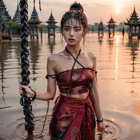 panic-sticken beautiful woman in thai ancient dark red breast cloth, pretty face with tear and sweat, frightful facial expressio...