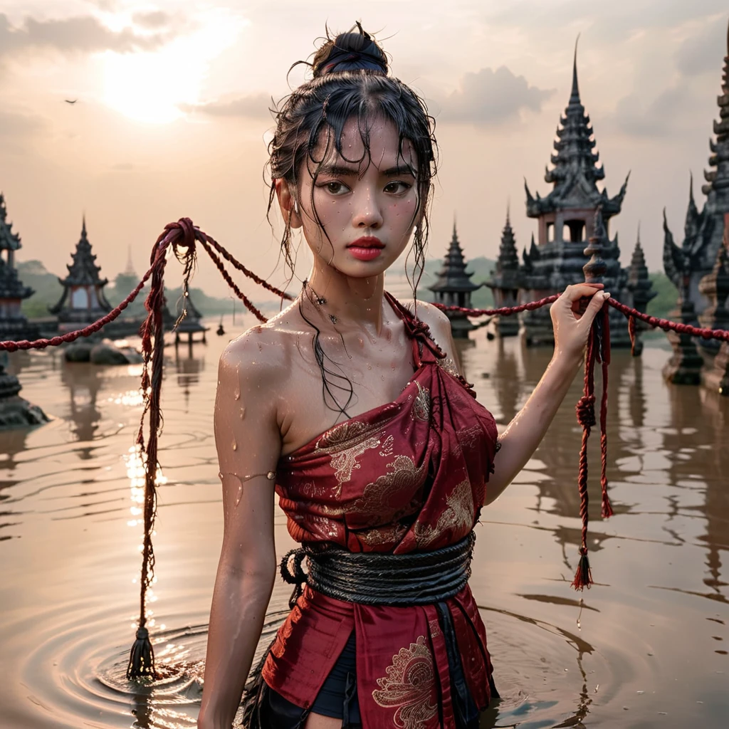 panic-sticken beautiful woman in Thai ancient dark red breast cloth, pretty face with tear and sweat, frightful facial expression, perfect body, wet black messy bun hair, hands tightly tied with big rope, walking into the water, she is sentenced to death by drowning, forsaken Thai temple with pagoda, sunset sky, noon light, depressive tone,