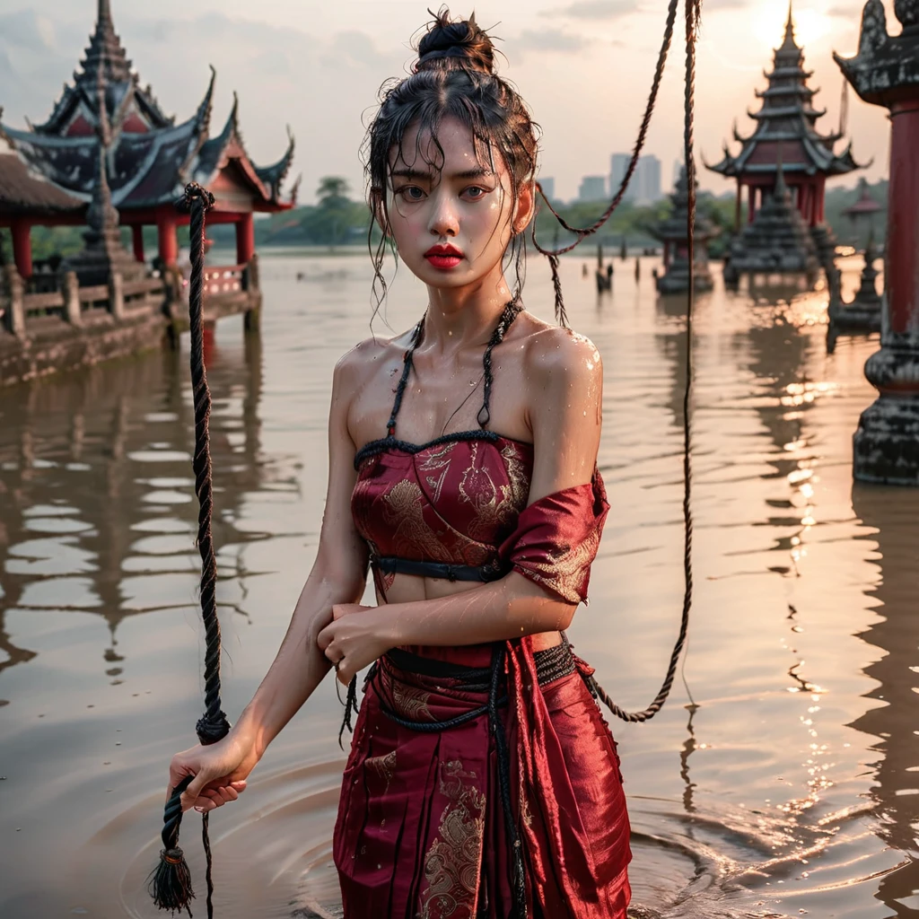 panic-sticken beautiful woman in Thai ancient dark red breast cloth, pretty face with tear and sweat, frightful facial expression, perfect body, wet black messy bun hair, hands tightly tied with big rope, walking into the water, she is sentenced to death by drowning, forsaken Thai temple with pagoda, sunset sky, noon light, depressive tone,