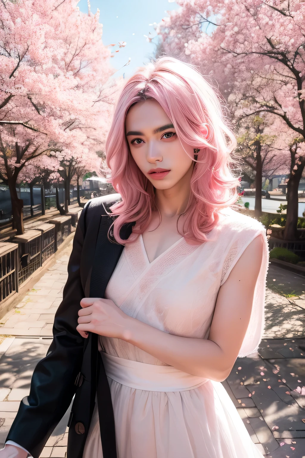 light pink hair, pink eyes, pink and white, cherry blossom leaves, Bright colors, white dress, paint splashes, simple background, ray tracing, wavy hair，Paint it like a cherry blossom, man with black suit