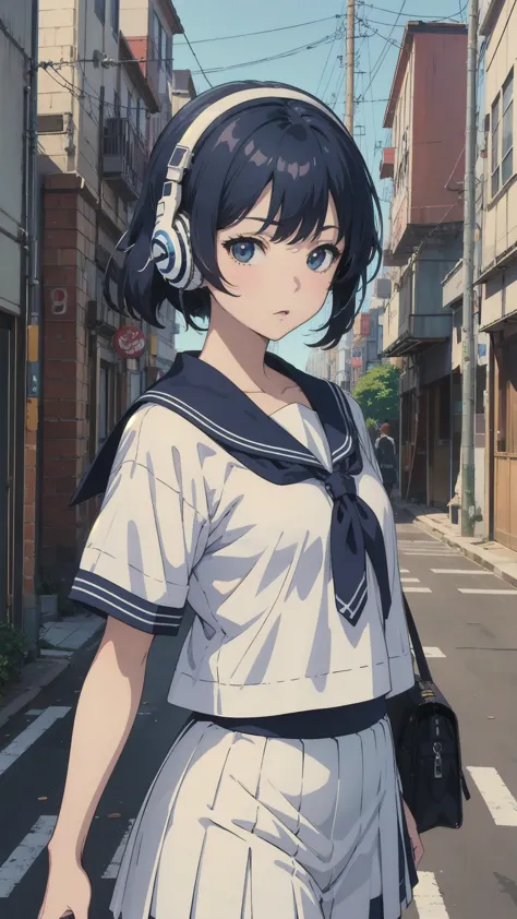 90s city pop art、city pop style:1.5、sketch style、lofi girl、(put on your old headphones:1.0),道を歩いているanime girls, beautiful anime ...