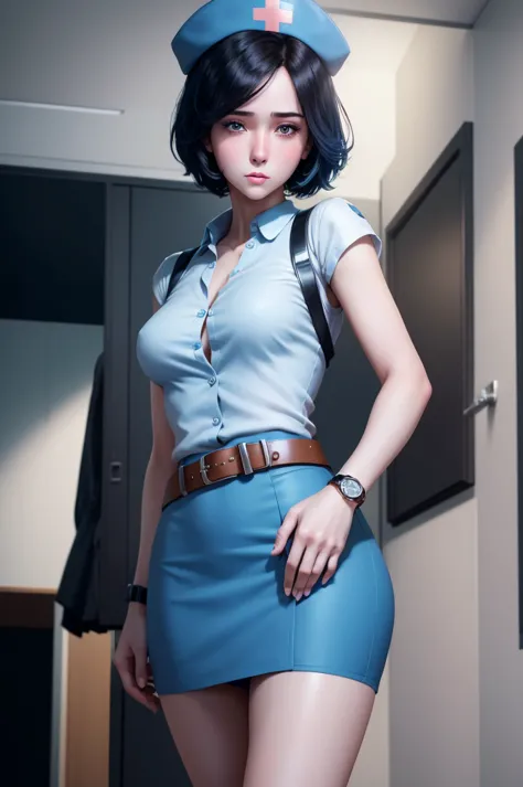 1 girl, alone, black short hair, nurse uniform,belt,((watch:1.2)), white sleeveless collared shirt,((blue super mini skirt:1.2))...