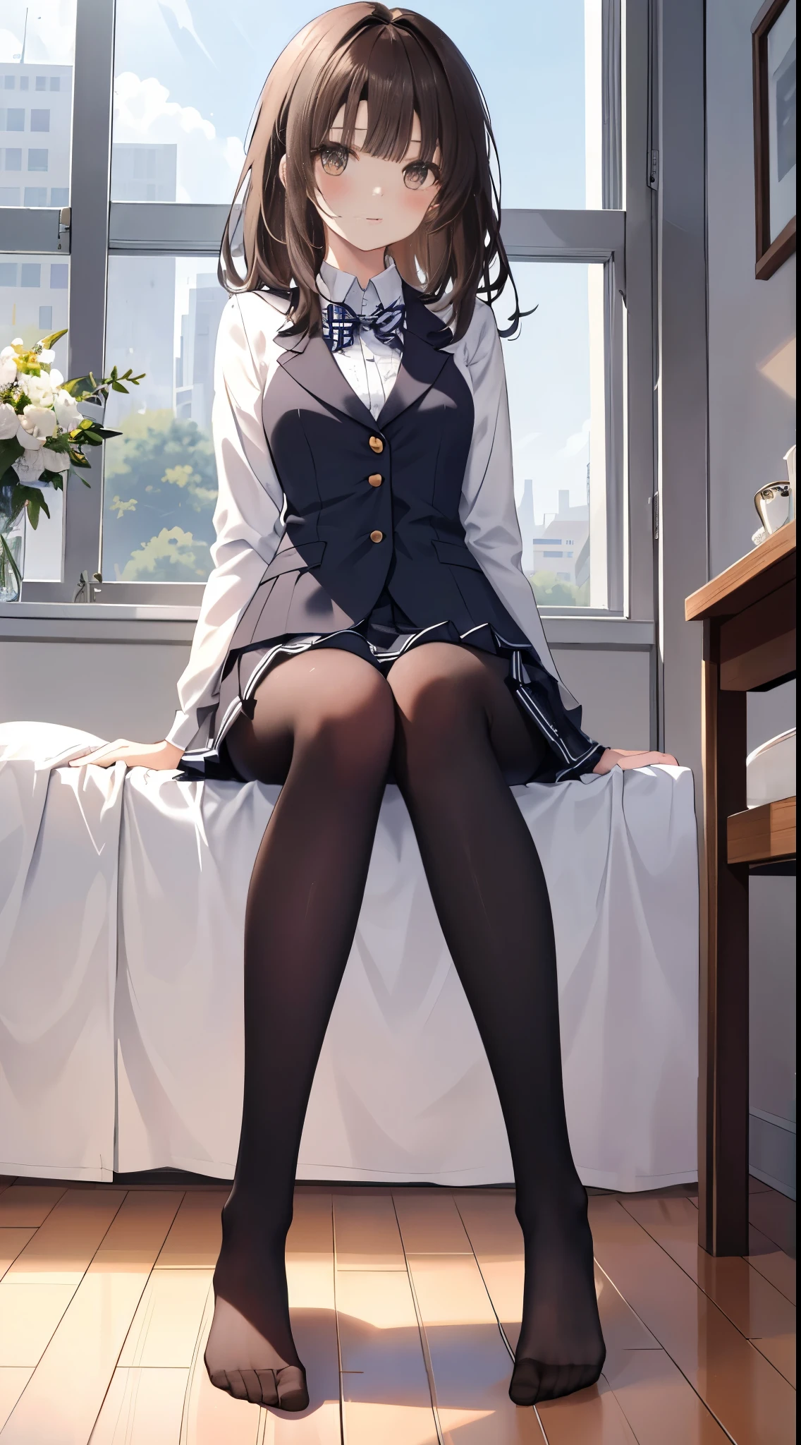 Top quality, masterpiece, High resolution, (Head to toe full body), front, frontやや下からの構図, Symmetric, Tall 18 year old girl, alone, (Head to toe), (Small breasts), Unkempt brown hair, bangs, (black tights), (Black Pantyhose), (Sit with your legs apart), (Crouching pose), (A composition showing white panties), (her legs spread、White panties are visible.), (Sit on the floor with your legs spread), (M-shaped feet), Thin legs, A very beautiful and tall 18 year old girl, (No shoes), blush, Shy big eyes, looking at the camera, Blazer uniform, Checkered Pleated Skirt