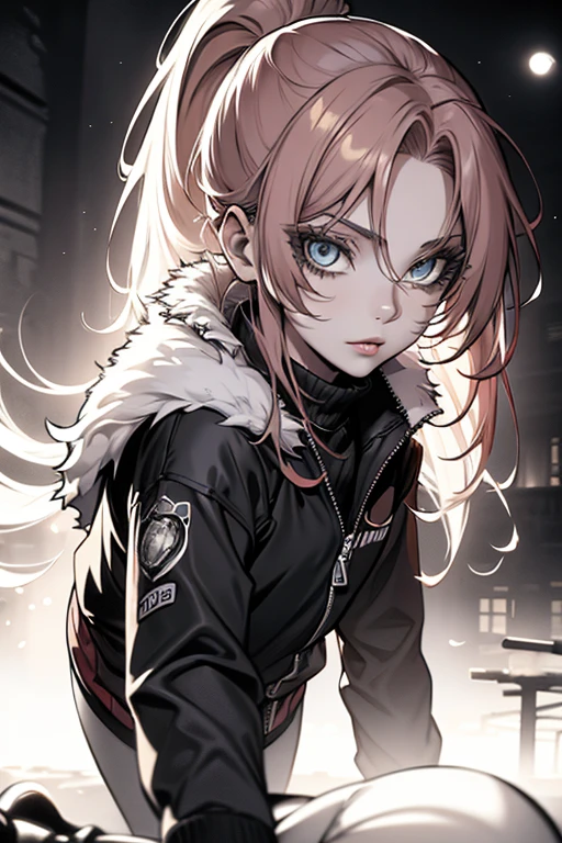 a woman redhaired, leggings, pleated skirt, sports top, high ponytail, high boots, long fur jacket, on a hazy moonlit night in a ghost town, monochrome style, line art, detailed face, detailed eye's, detailed lips, wide hips